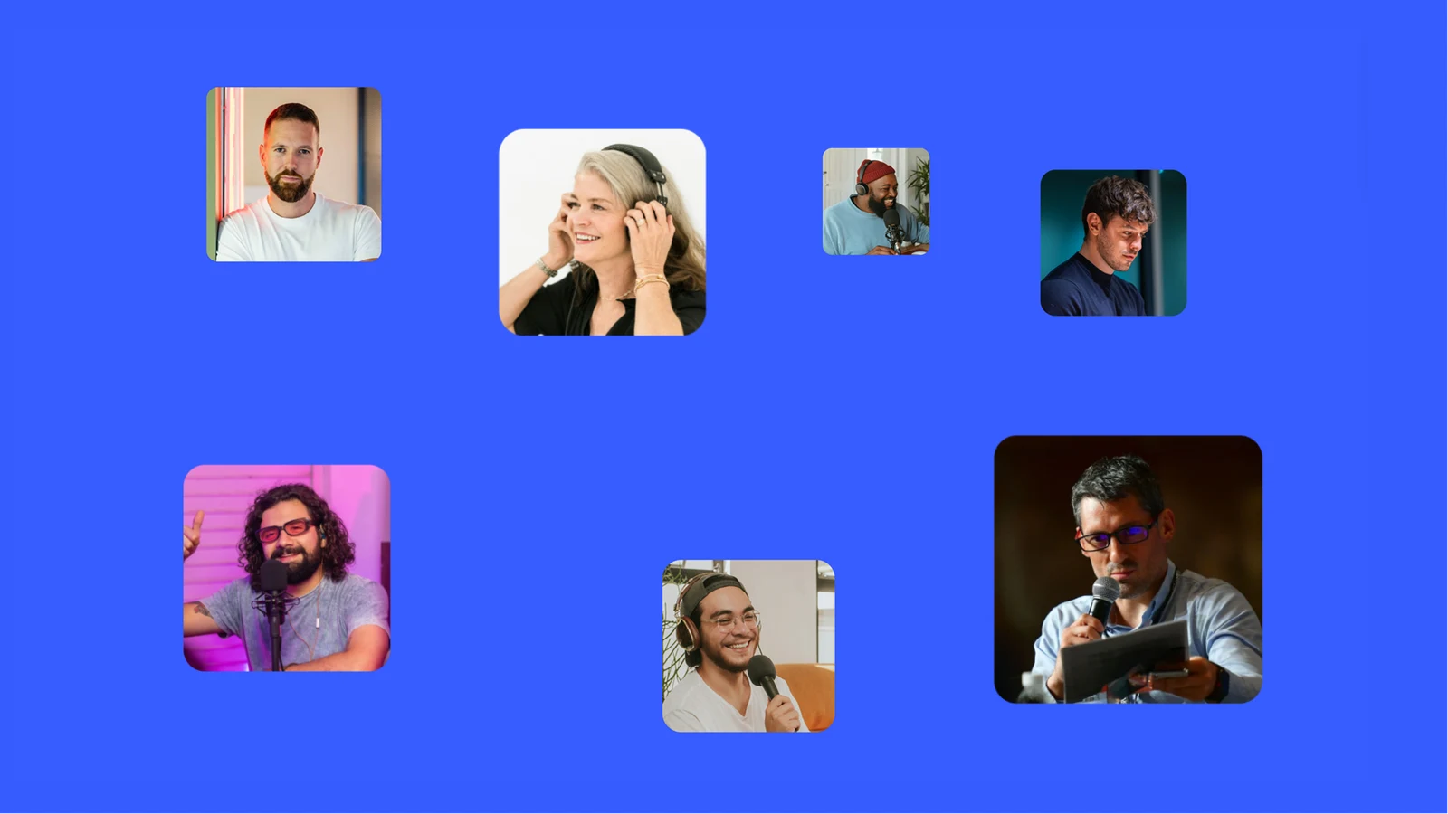 Podcast hosts and studio owners in photo tiles scattered across a Podyx blue ground