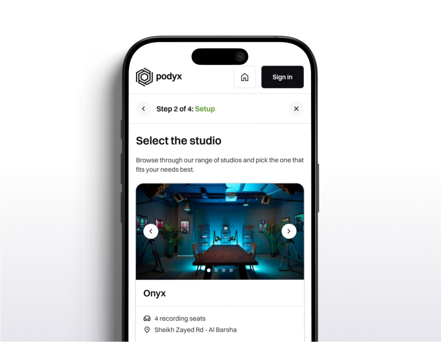 Podyx mobile booking flow with studio selection and available times
